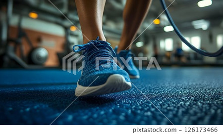 Close-up shot of a person in blue sneakers exercising in the gym, showcasing fitness and determination with blurred gym equipment in background 126173466