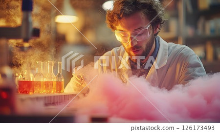 Scientist in Laboratory Experiment with Chemical Reactions and Hazardous Smoke 126173493