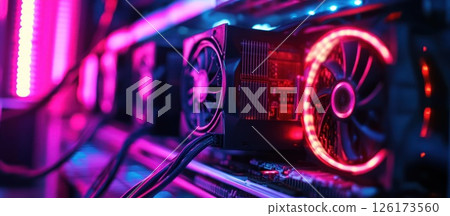 Close-up of illuminated computer graphics card. 126173560