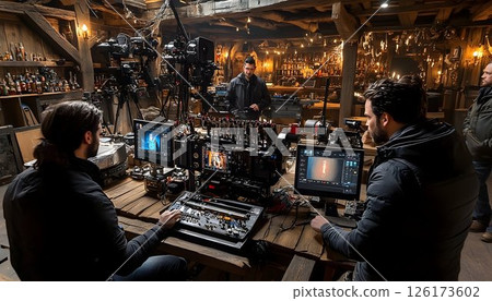 Behind the scenes, Film crew editing footage in a rustic studio setting 126173602