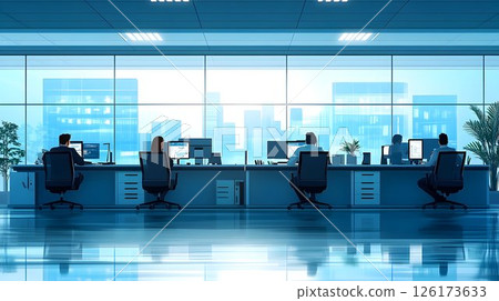 Open Office Space with Workers and City Skyline Providing a Modern Business Environment 126173633