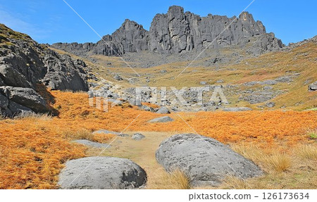 Majestic peaks and golden hues, A breathtaking alpine landscape 126173634