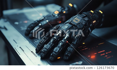 Futuristic robotic hands operating a high-tech control panel. 126173670