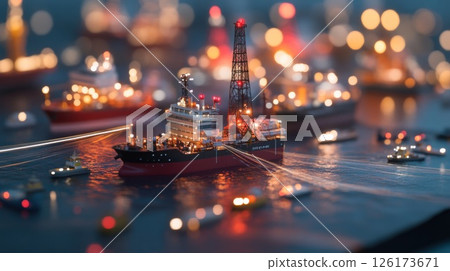 Night scene of miniature oil rig and ships at sea. 126173671