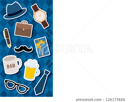 A frame illustration with 10 Father's Day items arranged on the left side [Diamond pattern background] 126173688