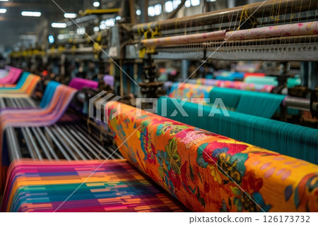 Weaving machines producing colorful fabrics in a busy factory, creating vibrant designs on industrial equipment. Skilled textile workers creating apparel worldwide 126173732