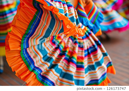 Mexican dancer wearing a colorful, ruffled skirt is spinning during a traditional folk dance performance 126173747