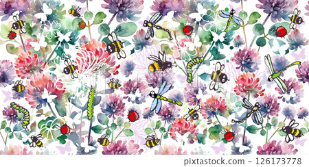 Seamless watercolor pattern with colorful wildflowers. Clover Watercolor Flower with Butterflies , bees and dragonflies. hand drawn. Not AI, Vector illustration Seamless watercolor pattern with colorful wildflowers. Clover Watercolor Flower with Butterflies , bees and dragonflies. hand drawn. Not AI, Vector illustration 126173778