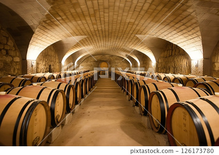 Rows of oak wine barrels aging in a cozy winery cellar, capturing the essence of winemaking in burgundy 126173780