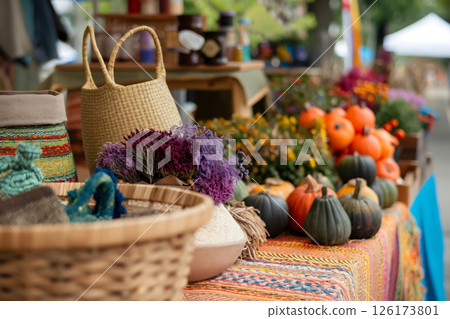 Outdoor market stall selling a variety of autumnal decorations including pumpkins, squashes and lavender 126173801
