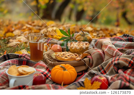 Apple cider, apple pies, pumpkins and autumn leaves composing a cozy picnic setting 126173870