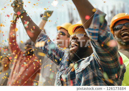 Construction workers are celebrating labor day with confetti at a construction site Construction workers are celebrating labor day with confetti at a construction site 126173884