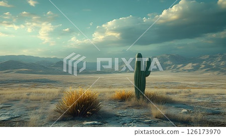 Serene Desert Landscape with Majestic Cactus and Dramatic Sky Depicting Resilience Serene Desert Landscape with Majestic Cactus and Dramatic Sky Depicting Resilience 126173970