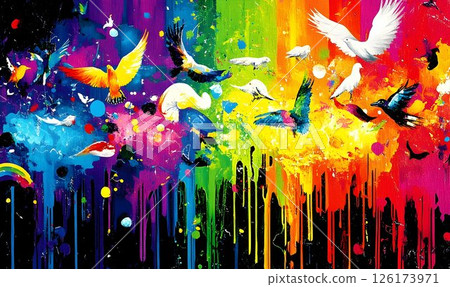 Vibrant symphony, A colorful explosion of birds in abstract flight 126173971