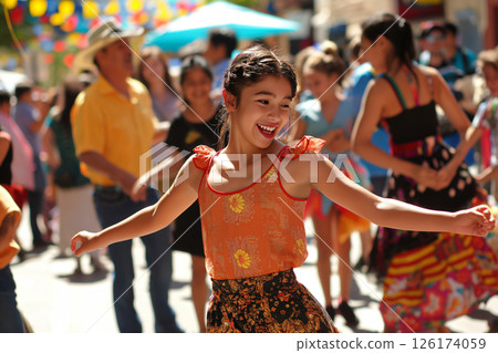 Young girl is happily dancing with outstretched arms at a lively street festival, surrounded by a diverse crowd of people Young girl is happily dancing with outstretched arms at a lively street festival, surrounded by a diverse crowd of people 126174059