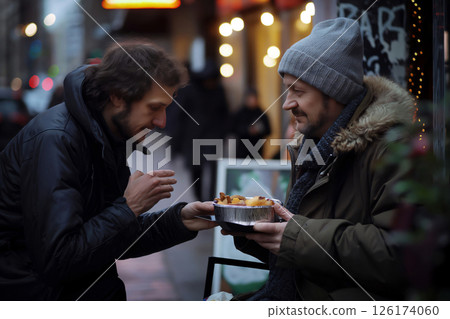 Young man offers a hot meal to a homeless person in a city street, showing kindness and support in the face of poverty and hunger Young man offers a hot meal to a homeless person in a city street, showing kindness and support in the face of poverty and hunger 126174060