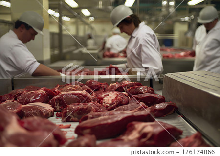 Large cuts of beef moving along a processing line with butchers working in the background 126174066