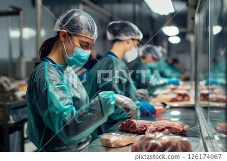 Butcher wearing protective clothing preparing fresh meat for packaging in a modern food processing facility 126174067