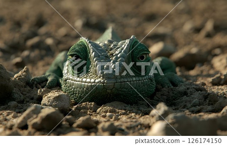 Close-up Portrait of a Green Chameleon Resting on Rocky Terrain 126174150