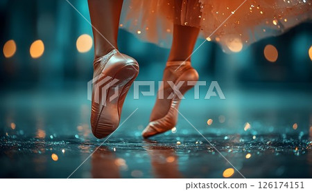 Ethereal dance, Ballet shoes poised in a shimmering spotlight's embrace 126174151