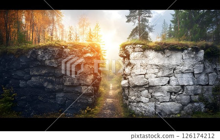 Mystical Passage Through Ancient Stone Walls in a Lush Forest Landscape Mystical Passage Through Ancient Stone Walls in a Lush Forest Landscape 126174212