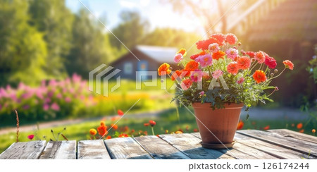 a clay pot with red wildflowers on a wooden table, a small cozy country house with a green courtyard, countryside, gardening, a bright sunny day 126174244