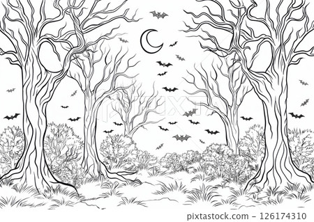 This black and white illustration depicts a spooky forest with bats flying over a crescent moon, perfect for a halloween coloring book 126174310