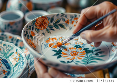 Artisan is painting a floral pattern with a brush on a ceramic plate in a workshop Artisan is painting a floral pattern with a brush on a ceramic plate in a workshop 126174335