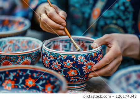 Artisan woman skillfully painting intricate floral ornaments on a ceramic bowl in cozy workshop, adding vibrant colors of blue, red, and white. Colorful handcrafted pottery for tableware collection 126174348