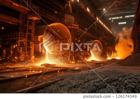 Interior view of a steel production facility with molten steel pouring from huge buckets 126174349