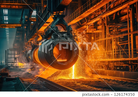 Machine pouring molten metal in a steel mill at night, creating a shower of sparks 126174350
