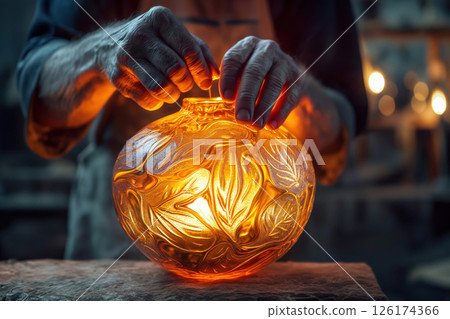 Craftsman is shaping a glowing glass piece with leaf decorations in his workshop 126174366