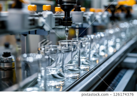 Automated machine is pouring water into empty glasses traveling on a conveyor belt in a modern factory 126174376