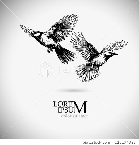 Flying Tits. Flying birds silhouette flock. hand drawing. Not AI. Vector illustration Flying Tits. Flying birds silhouette flock. hand drawing. Not AI. Vector illustration 126174383