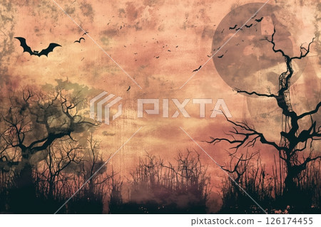 Spooky halloween night background with bats flying in the sky, a full moon, and creepy trees silhouetted against a grunge textured background 126174455