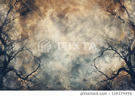 Grunge halloween background featuring spiderwebs hanging from the bare branches of dead trees against a spooky sky 126174456