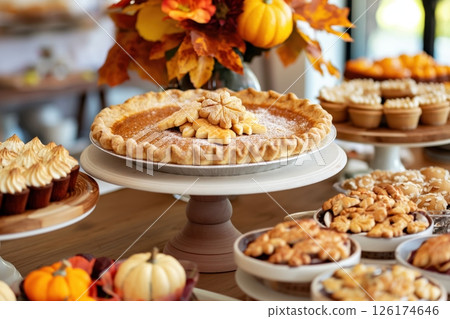 Freshly baked pumpkin pie decorated with leaf shaped cookies is taking center stage on a table full of delicious fall themed desserts 126174646