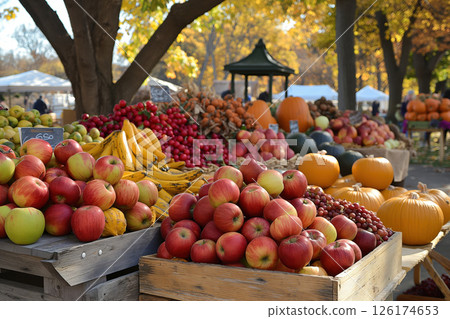 Colorful display of fresh organic produce on display at a local farmers market being held outdoors in a city park 126174653