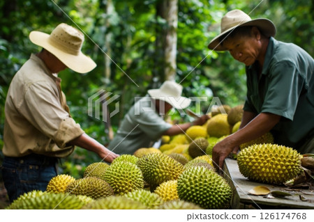 Farmers working together, picking ripe durian fruits from a pile in a plantation 126174768