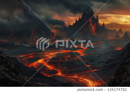 Stunning volcanic landscape with flowing lava at sunset, showcasing nature's power and beauty in shades of red and orange 126174782