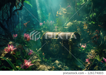 Sunbeams illuminating an old treasure chest resting on the seabed of a magical underwater garden 126174803