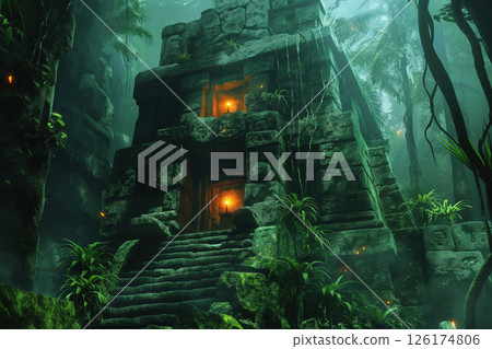 Ancient mayan temple is being reclaimed by the jungle, with torches burning at the entrance, creating a mysterious and evocative scene 126174806