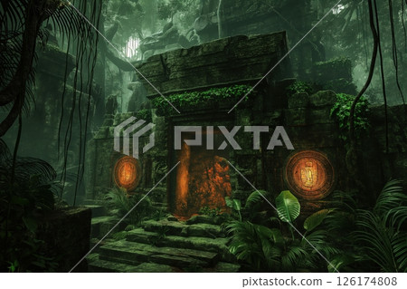 Ancient mayan temple entrance is being reclaimed by the jungle with lush greenery growing on its facade 126174808