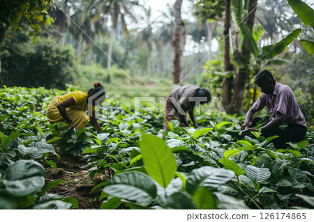 Farmers harvesting coffee beans on lush plantation in kerala, india, showcasing hard work and dedication to agriculture in a picturesque tropical landscape bathed in sunlight 126174865