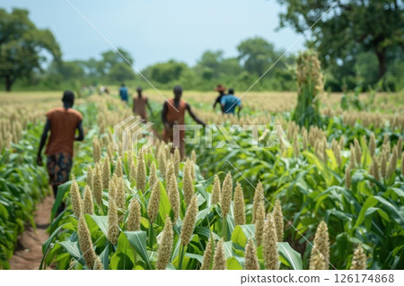 Farmers walking through a field of sorghum in burkina faso, checking on the crops 126174868