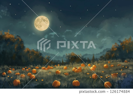 Halloween night with a bright full moon shining over a field of pumpkins and a forest in the background 126174884