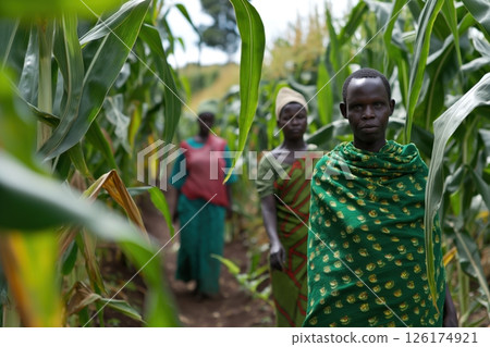 Three farmers are walking through a lush green maize field, potentially inspecting their crops 126174921