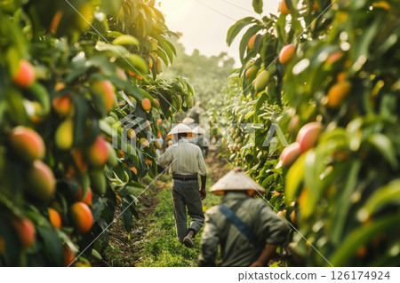 Farmers walking through rows of mango trees, picking ripe mangoes on a sunny day Farmers walking through rows of mango trees, picking ripe mangoes on a sunny day 126174924