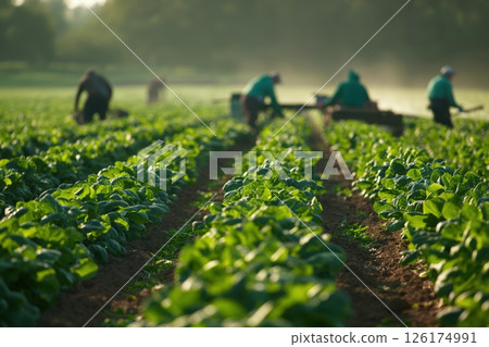 Farm workers are harvesting organic spinach on a large field in the morning sun Farm workers are harvesting organic spinach on a large field in the morning sun 126174991