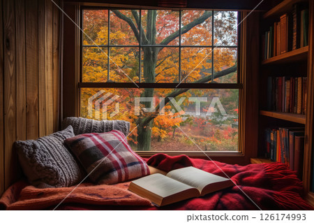 Open book is laying on a cozy reading nook by a window overlooking a forest in autumn 126174993